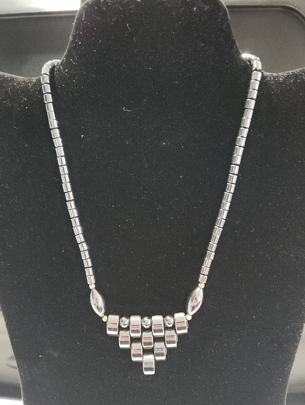Silver Hematite Beaded Geometric Pendant Necklace - Women Jewelry 16"